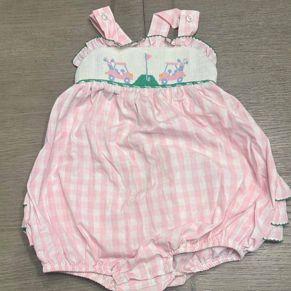 Pink Gingham Golf Smocked Baby Romper